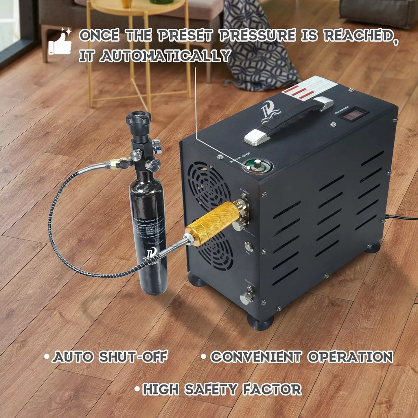 TUDIVING-4500Psi/300Bar Diving High Pressure Compressor,800W Dual-Cylinder PCP Air Compressor,Auto Stop,Scuba Compressorfor Fill a 2L Diving Tank
