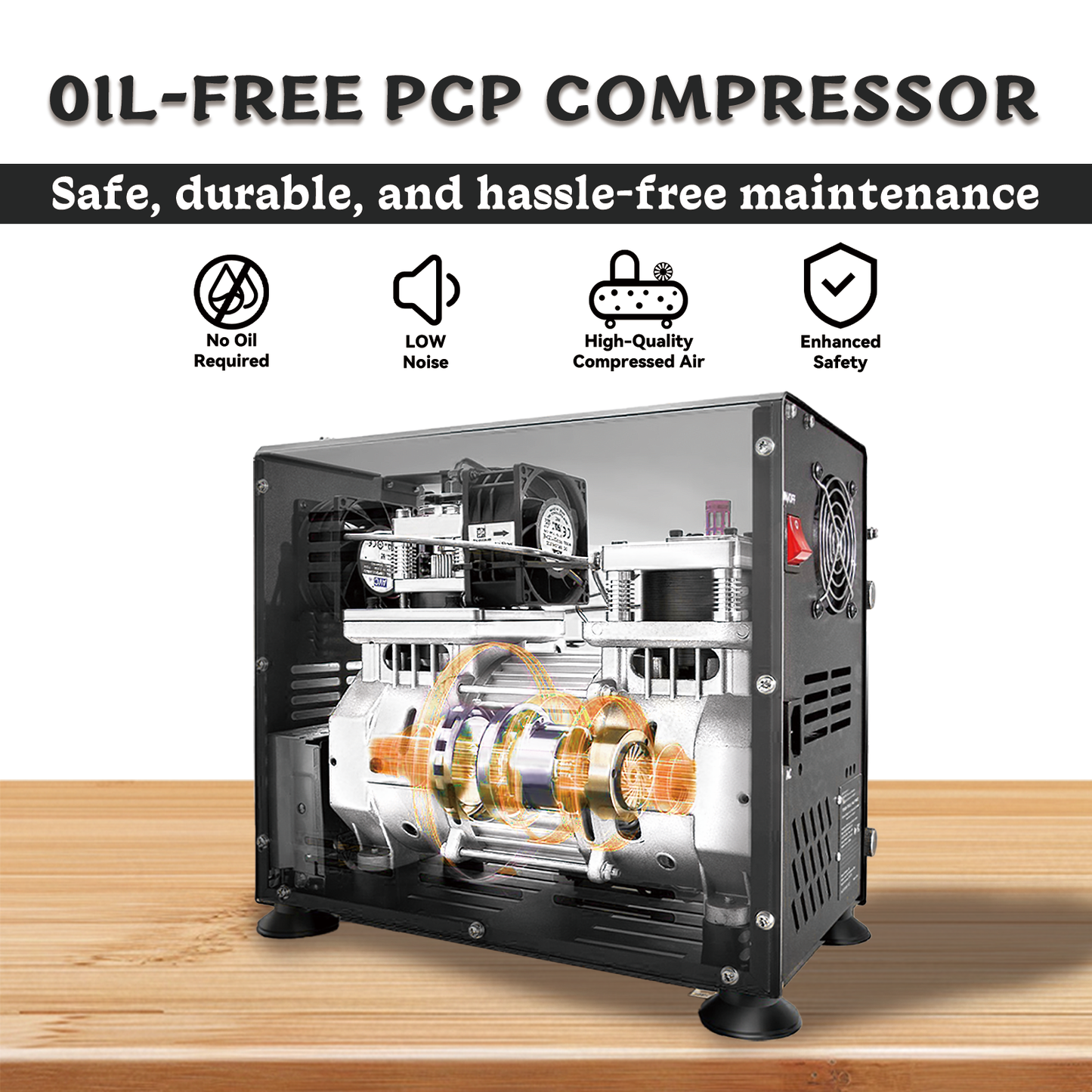 TUDIVING-4500Psi/300Bar Diving High Pressure Compressor,800W Dual-Cylinder PCP Air Compressor,Auto Stop,Scuba Compressorfor Fill a 2L Diving Tank