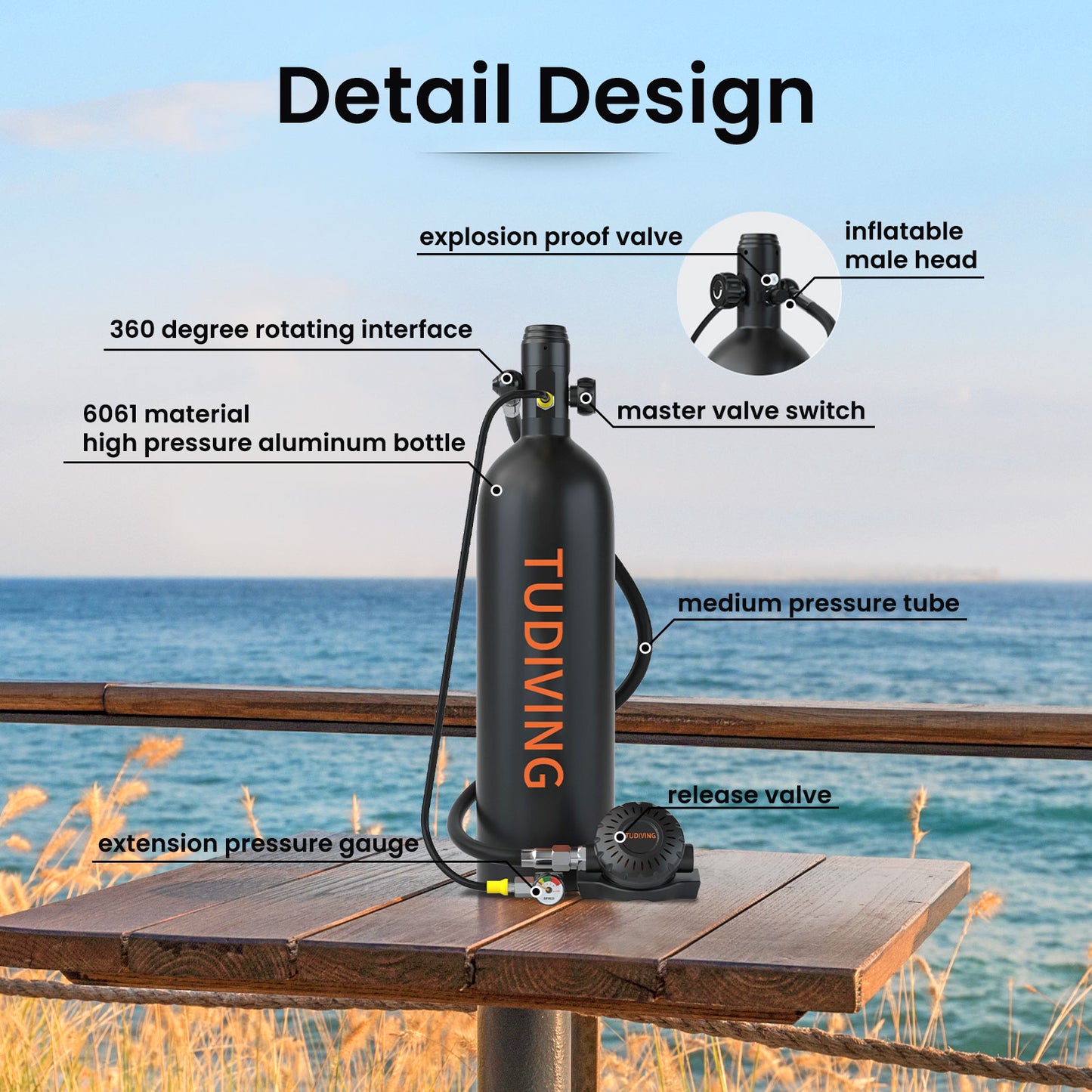 TUDIVING-2L Mini Scuba Diving Tank Support 30-45 Minutes Breath,Portable Scuba Diving Cylinder,Refillable Scuba Tank for Diving Entertainment/Work