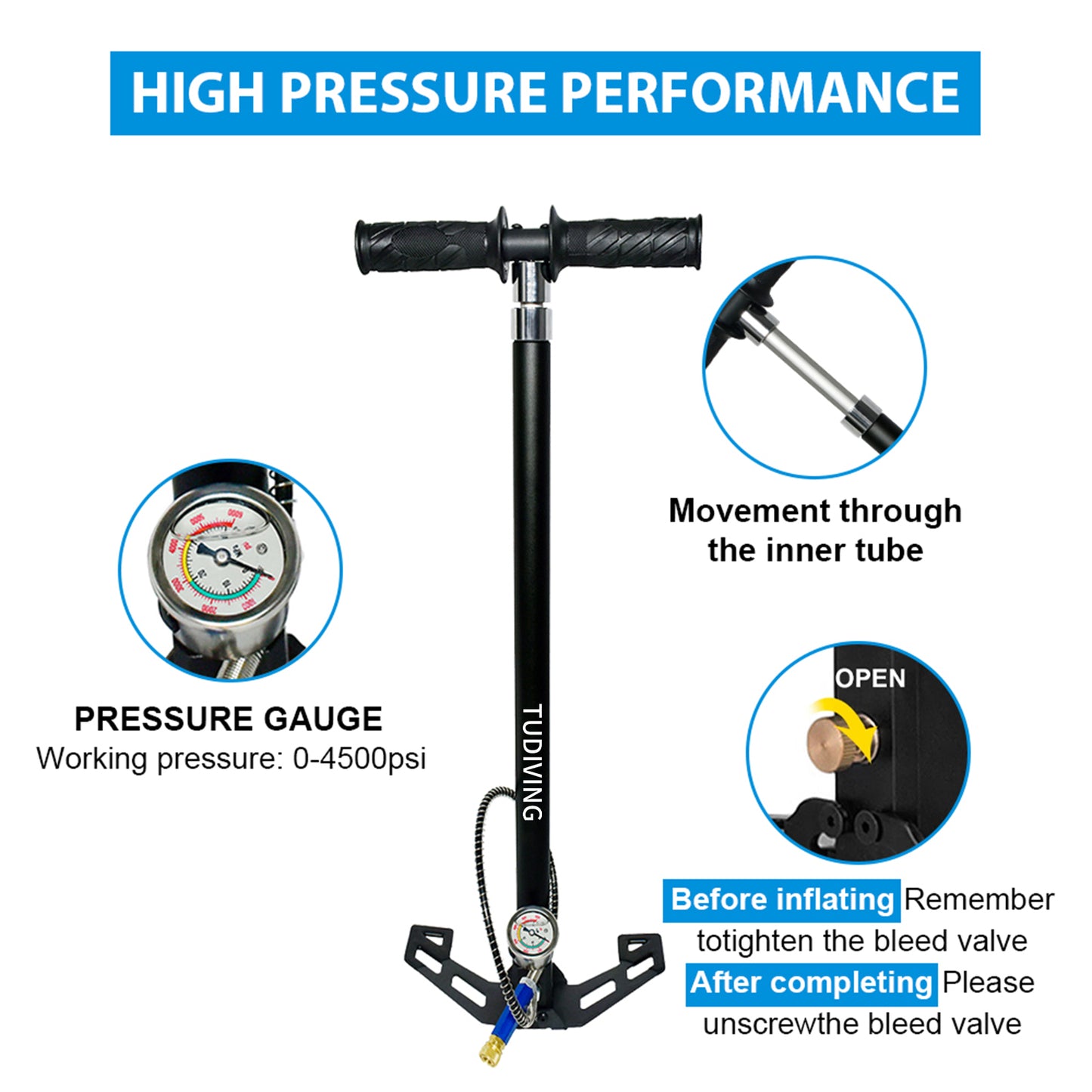 TUDIVING-4500Psi High Pressure Hand Pump,PCP Air Pump,Stainless Steel 4 Stages pcp Hand Pump for Filling Diving Tank,Air Rifles,Paintball & Hunting