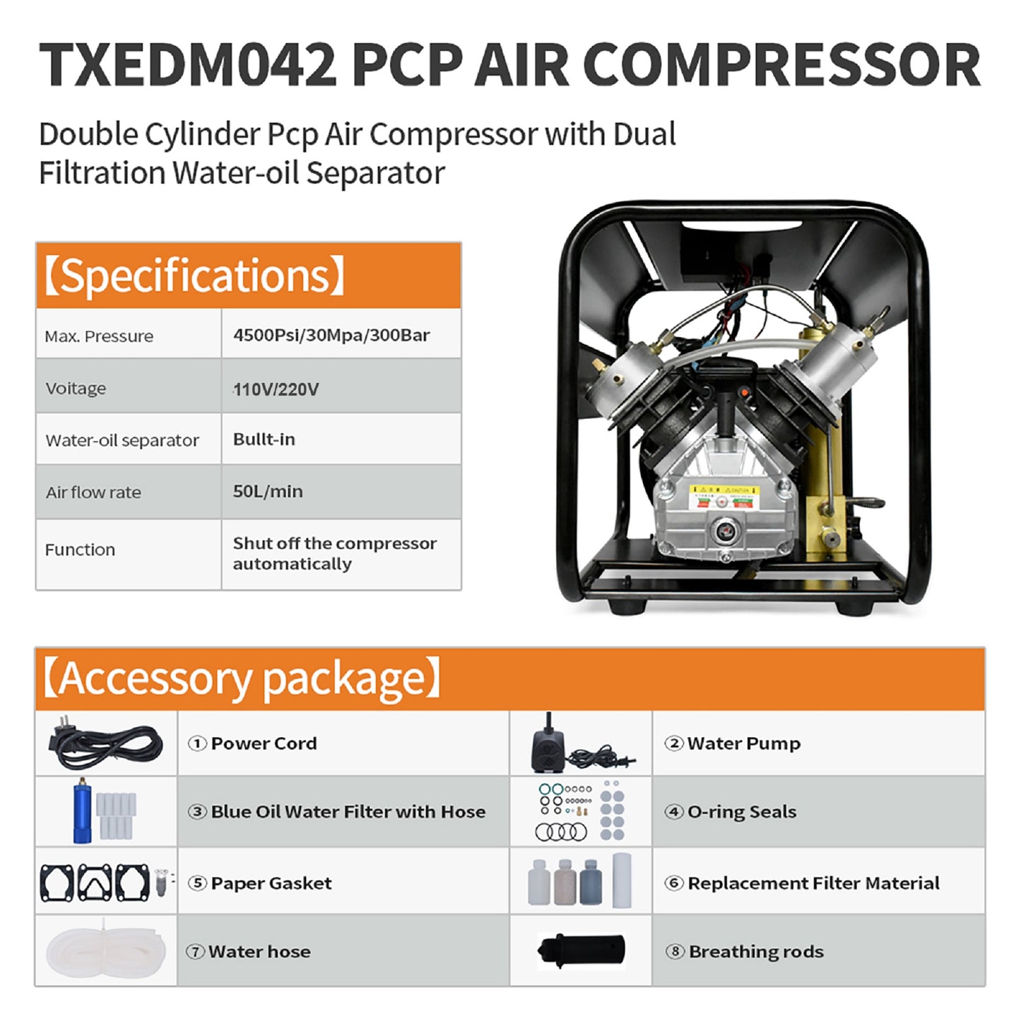 TUDIVING-4500Psi CPC Air Compressor,Scuba Tank Compressor Built-in Two Stage Water-Oil Filter,Compressor for Scuba Diving/Firefighting/Paintball