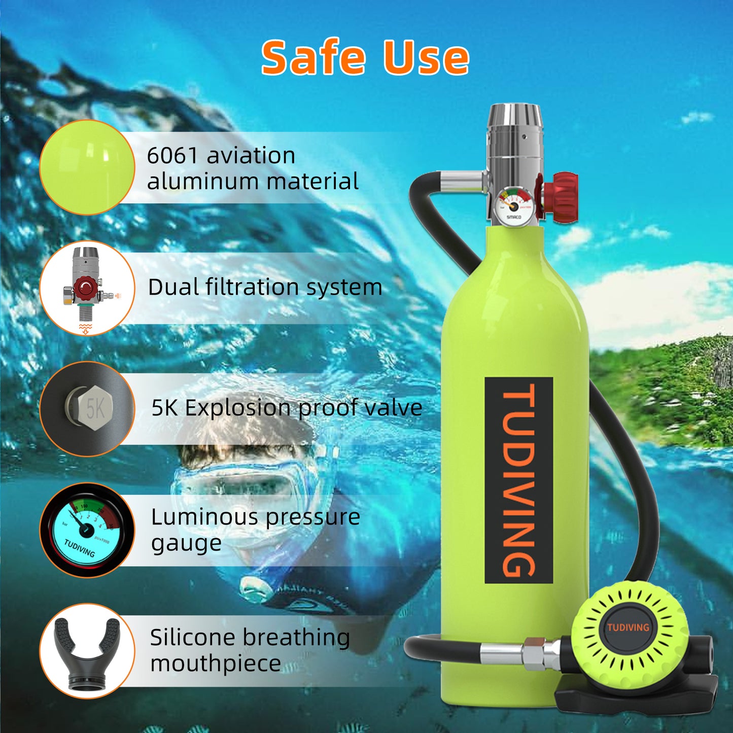 1L Portable Scuba Diving Tank,Portable Scuba Tank for 15-20 Minutes Underwater Breathing,Reusable Mini Scuba Tank