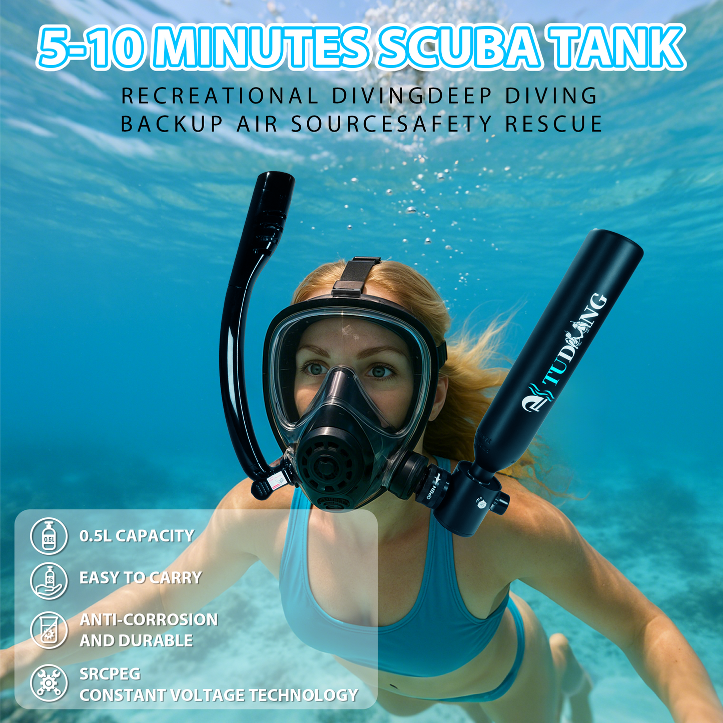 TUDIVING-0.5L Portable Scuba Tank,Lung Tank Kits with Air Compressor,Support 6-10 Minutes Underwater Breathe,Reusable Mini Diving Cylinders
