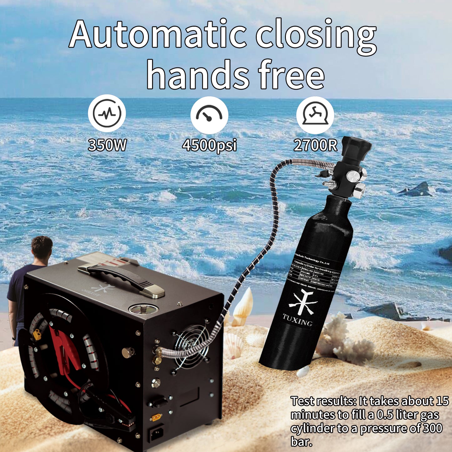 TUDIVING PCP Air Compressor, Built in Converter, 4500psi/300bar Pcp Compressor Auto stop