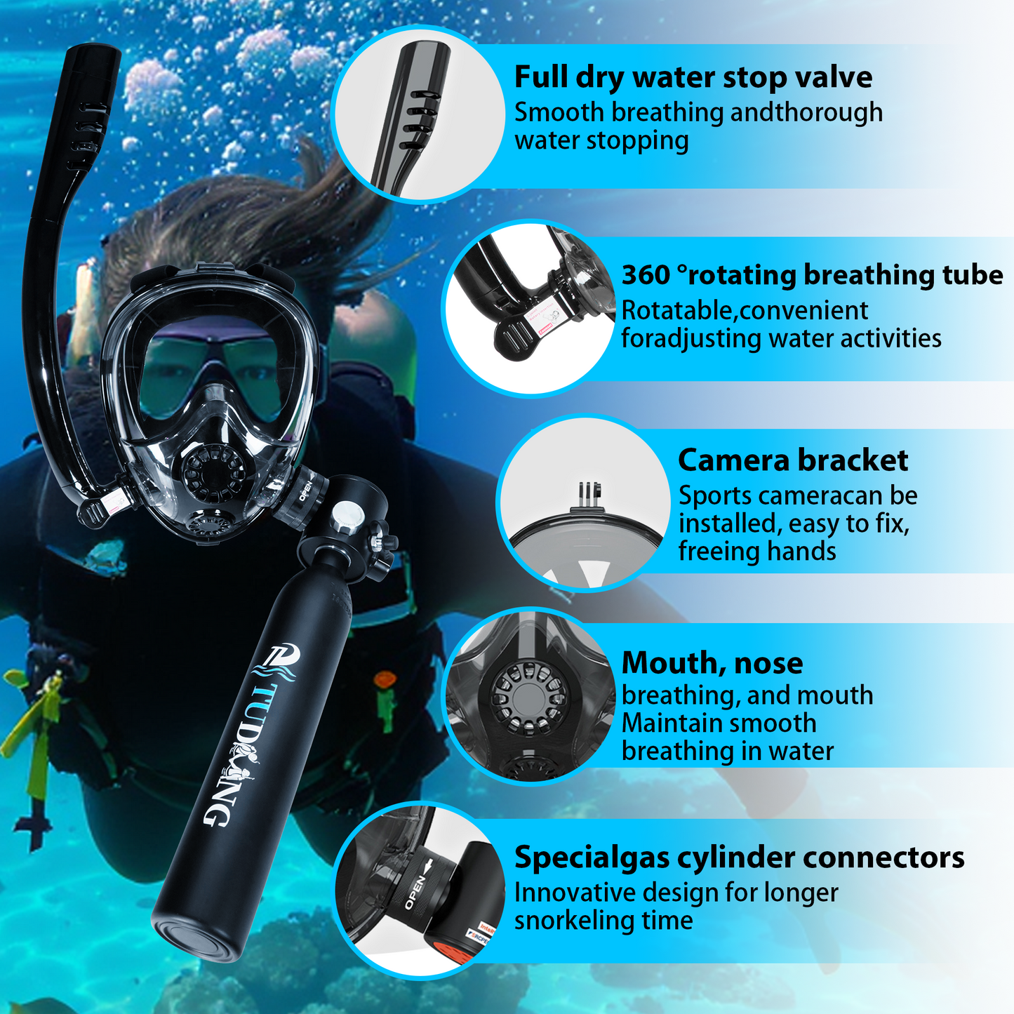 TUDIVING-0.5L Portable Scuba Tank,Lung Tank Kits with Air Compressor,Support 6-10 Minutes Underwater Breathe,Reusable Mini Diving Cylinders