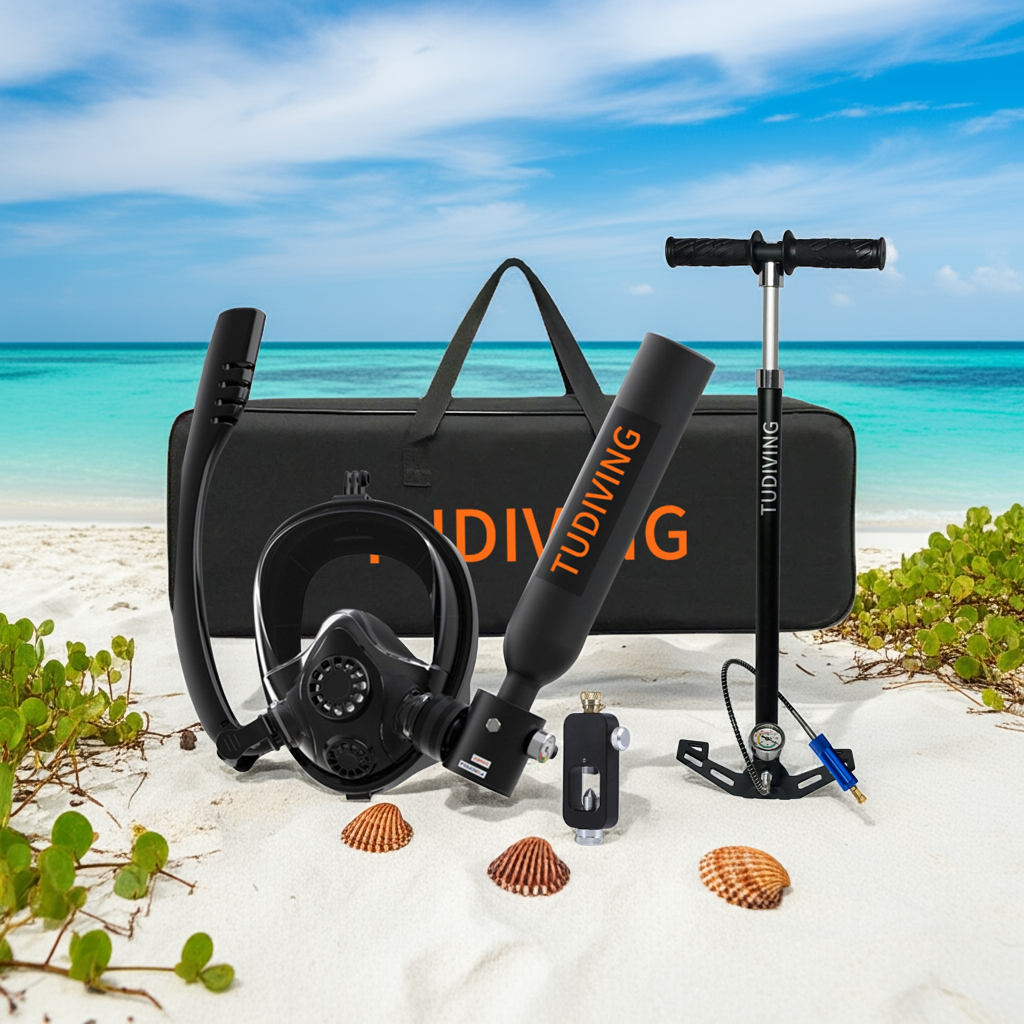 TUDIVING-0.5L Scuba Diving Tank Set,Mini Oxygen Cylinder with Full Face Snorkel Mask,Portable Travel Diving Kit(Black)