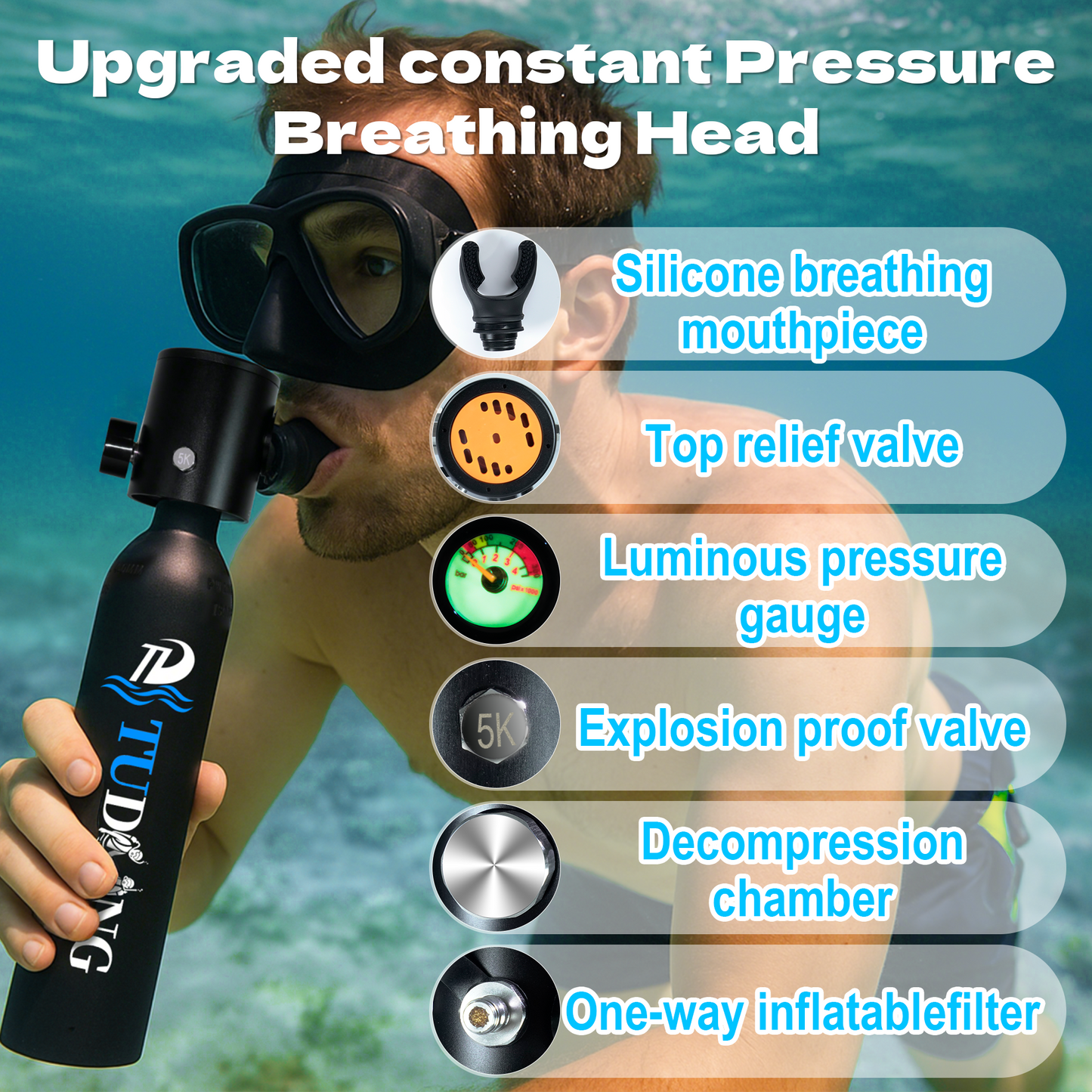 TUDIVING-0.5L Portable Scuba Tank,Lung Tank Kits with Air Compressor,Support 6-10 Minutes Underwater Breathe,Reusable Mini Diving Cylinders