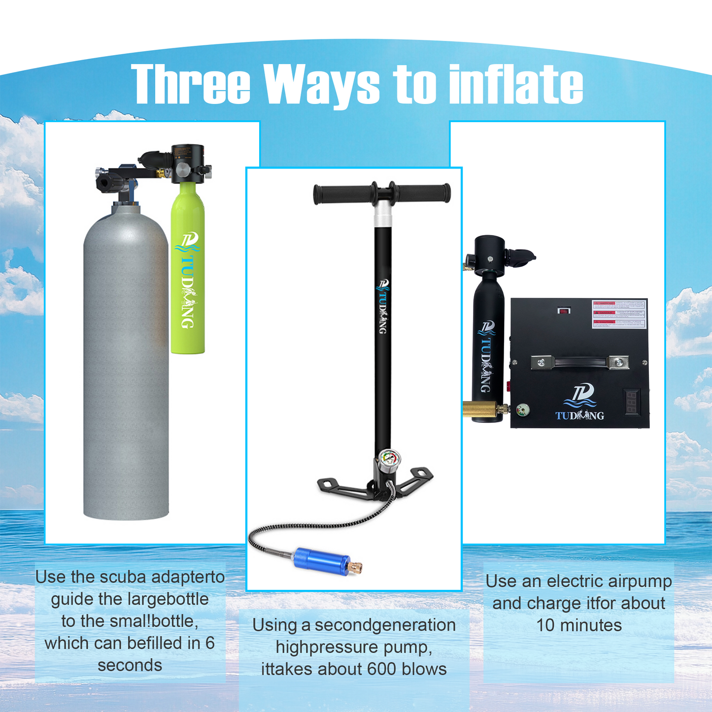 TUDIVING-0.5L Portable Scuba Tank,Lung Tank Kits with Air Compressor,Support 6-10 Minutes Underwater Breathe,Reusable Mini Diving Cylinders