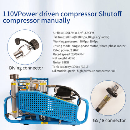 TUDIVING-4500Psi/300Bar/30Mpa Diving Air Compressor, Pcp Air Compressor, High Pressure Pump,High Pressure Diving Compressor for Filling Diving Tank/PCP Rifle/Paintball Air Gun