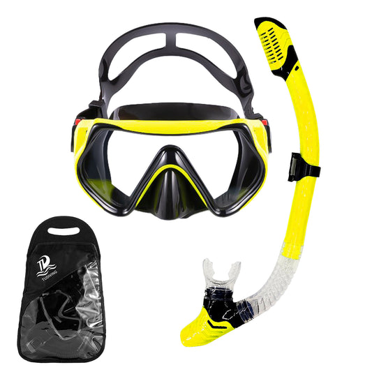 TUDIVING Snorkeling Mask and Snorkel, Diving Mask Set Adult, Snorkeling Combo, Yellow