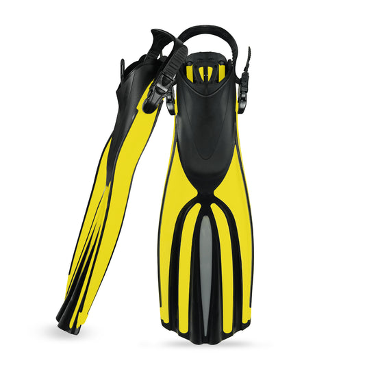 TUDIVING Snorkel Fins, Power Adjustable Open Heel Diving Fins Adults, Travel and Scuba Ready, Yellow L/XL
