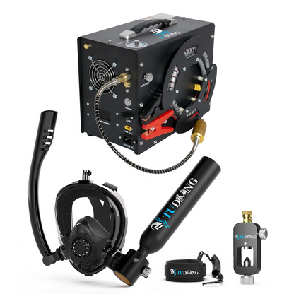 TUDIVING-0.5L Scuba Diving Tank Set,Mini Oxygen Cylinder with Full Face Snorkel Mask,Portable Travel Diving Kit with Air Compressor