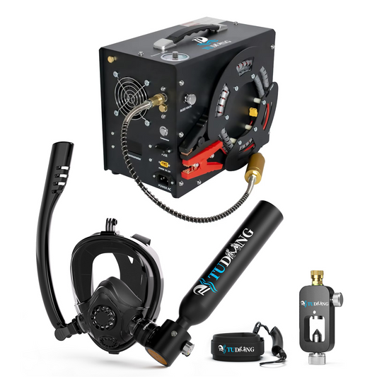 TUDIVING-0.5L Scuba Diving Tank Set,Mini Oxygen Cylinder with Full Face Snorkel Mask,Portable Travel Diving Kit with Air Compressor