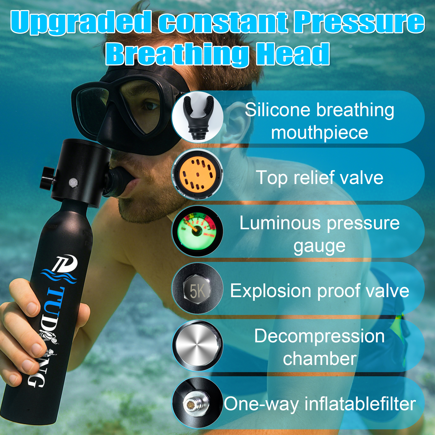 TUDIVING-0.5L Scuba Diving Tank Set,Mini Oxygen Cylinder with Full Face Snorkel Mask,Portable Travel Diving Kit(Black)