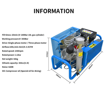 TUDIVING-4500Psi/300Bar/30Mpa Diving Air Compressor, Pcp Air Compressor, High Pressure Pump,High Pressure Diving Compressor for Filling Diving Tank/PCP Rifle/Paintball Air Gun