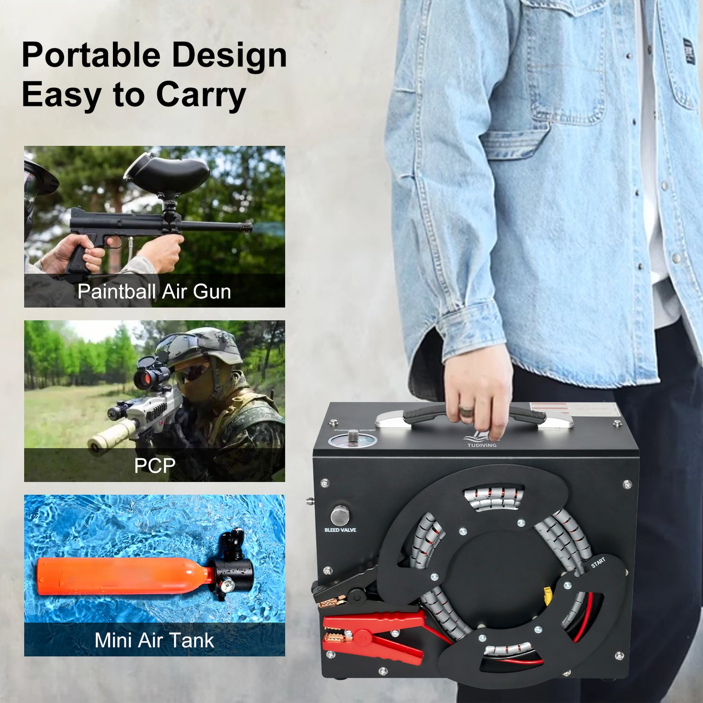 TUDIVING-Portable Pcp Air Compressor,4500Psi/30Mpa High Pressure Air Compressor Paintball Scuba Tank Compressor HPA Pump Fill Station Auto-Stop,Unique Vertical+Wire Spool Design 110V-220V(TXES062)