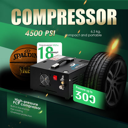 TUDIVING 4500 PSI PCP Air Compressor, Portable 12V DC/110V AC Air Pump with Built-in Converter, Oil-Free for PCP Air Rifles