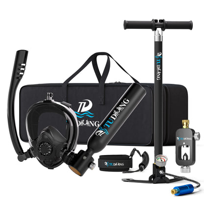TUDIVING-0.5L Scuba Diving Tank Set,Mini Oxygen Cylinder with Full Face Snorkel Mask,Portable Travel Diving Kit(Black)