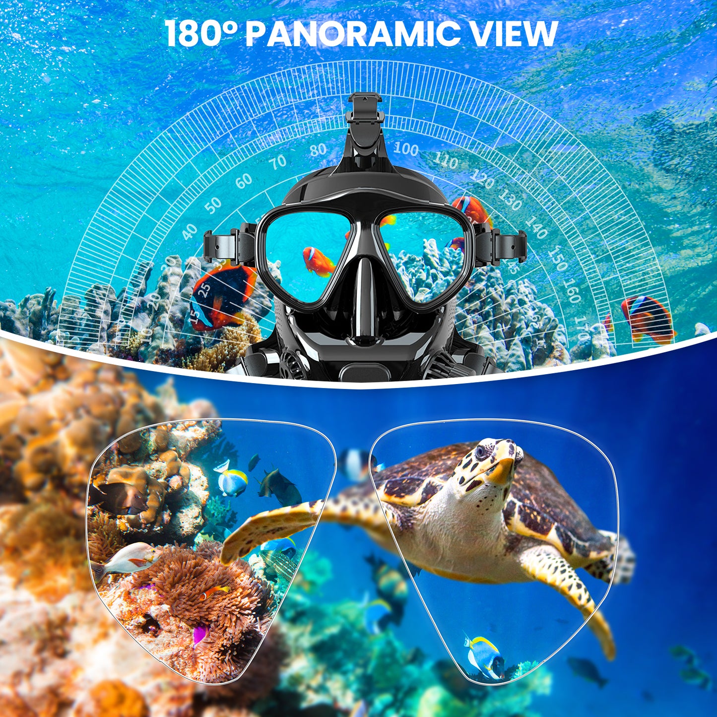 TUDIVING-Full Face Diving Mask with Camera Mount, 180° View Panoramic，Full Face Snorkel Mask for Adults Compatiable 1L/2L Scuba Diving Tank
