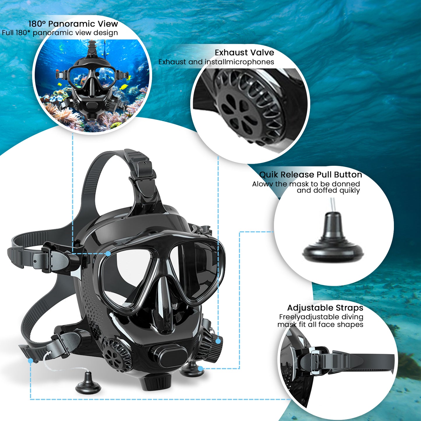 TUDIVING-Full Face Diving Mask with Camera Mount, 180° View Panoramic，Full Face Snorkel Mask for Adults Compatiable 1L/2L Scuba Diving Tank