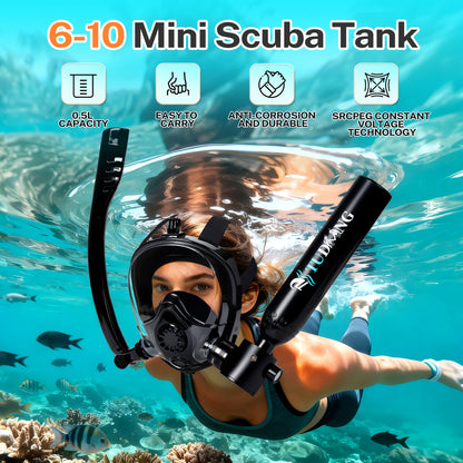 TUDIVING-0.5L Portable Scuba Tank,Lung Tank Kits with Air Compressor,Support 6-10 Minutes Underwater Breathe,Reusable Mini Diving Cylinders (Diving Tank with Compressor)