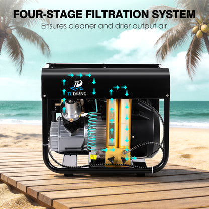 TUDIVING 4500 PSI PCP Air Compressor, Dual-Cylinder Auto Stop, Built-In Water & Fan Cooling