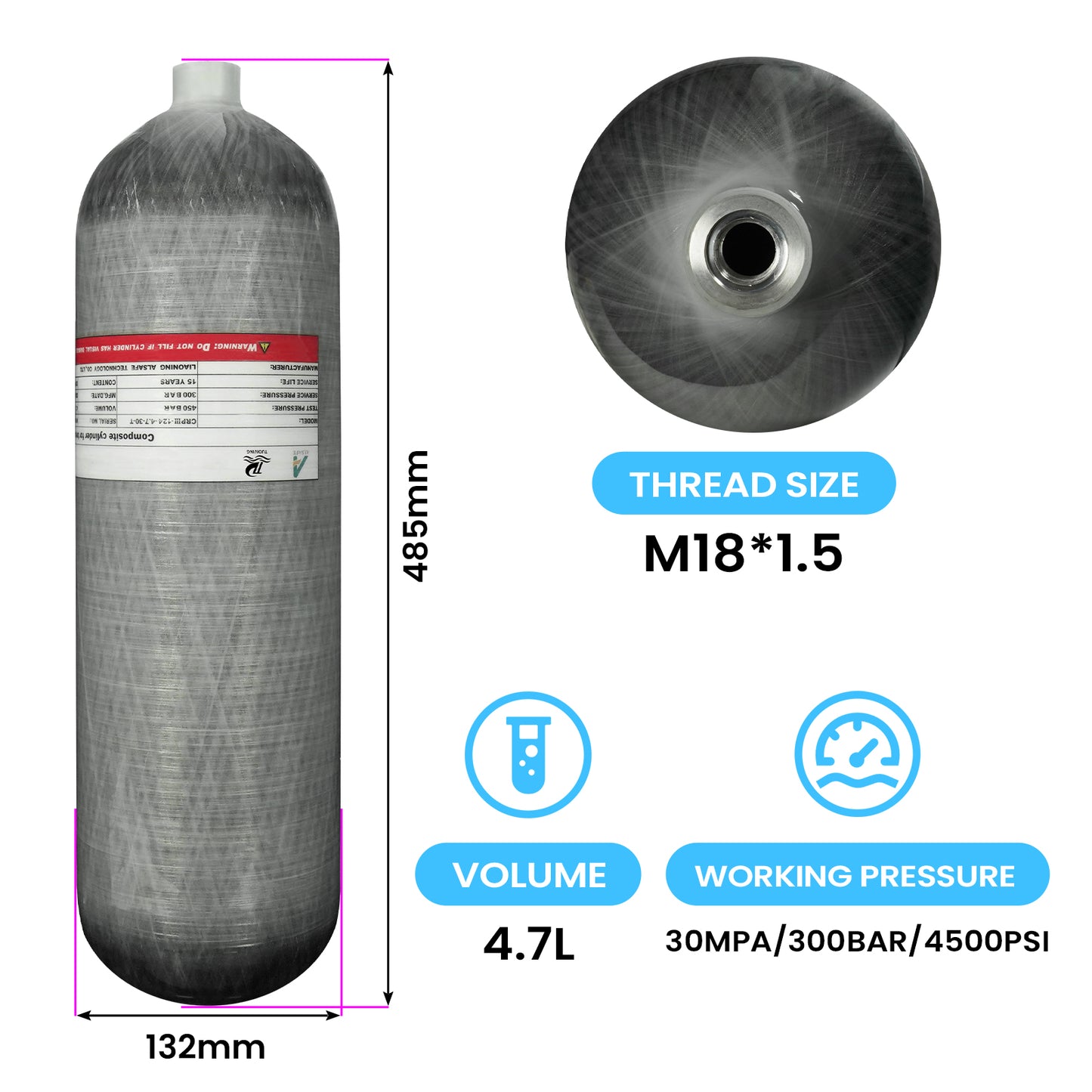 TUDIVING-4.7L 4500Psi Carbon Fiber Cylinder High Pressure Tank,286 Cu in Diving Tank,Deep Dive Gas Cylinder,HPA Cylinder Pcp Air Tank M18*1.5