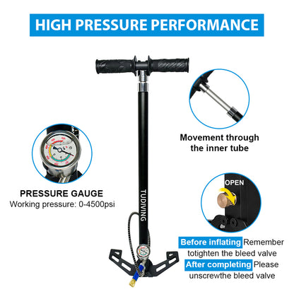TUDIVING-4500Psi High Pressure Hand Pump,PCP Air Pump,Stainless Steel 4 Stages pcp Hand Pump for Filling Diving Tank,Air Rifles,Paintball & Hunting