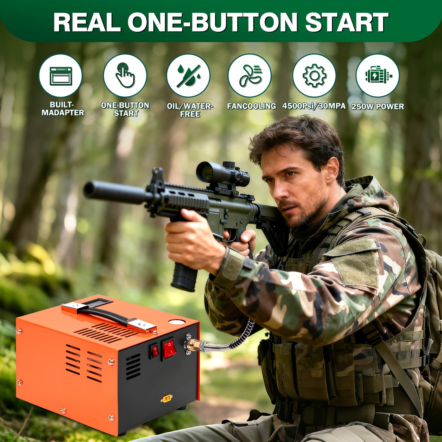 PCP Air Compressor,4500Psi/30Mpa, Water/Oil-Free, One Button Start, Powered by Car 12V DC or Home 110V AC