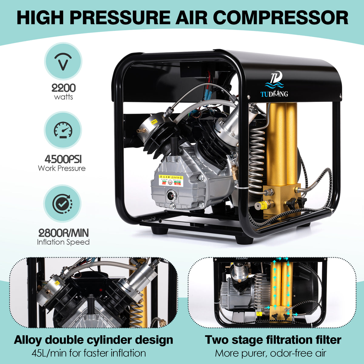 TUDIVING 4500 PSI PCP Air Compressor, Dual-Cylinder Auto Stop, Built-In Water & Fan Cooling