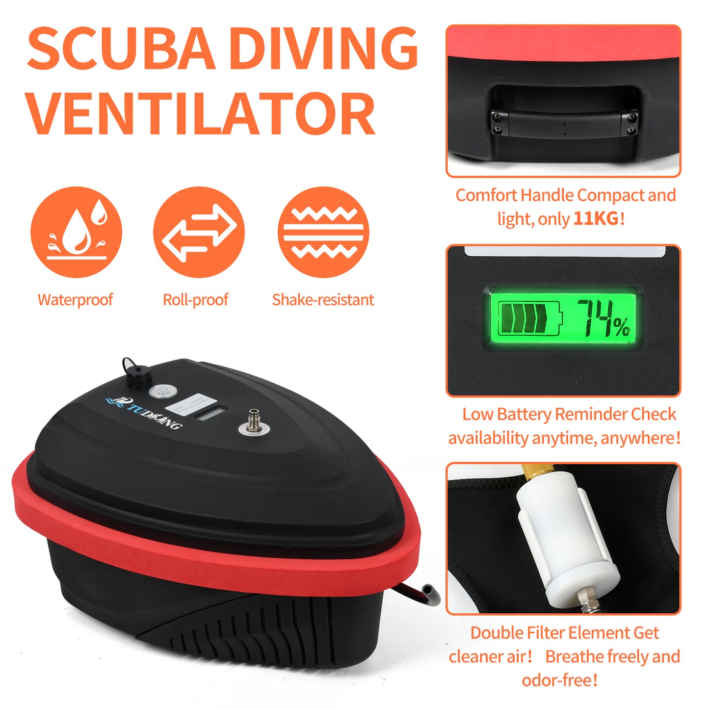 Scuba Diving Ventilator, Support 2 Divers 7-10 H Tankless Diving System, Max Depth 59 ft, Portable Rechargeable Scuba Diving Tank, Waterproof