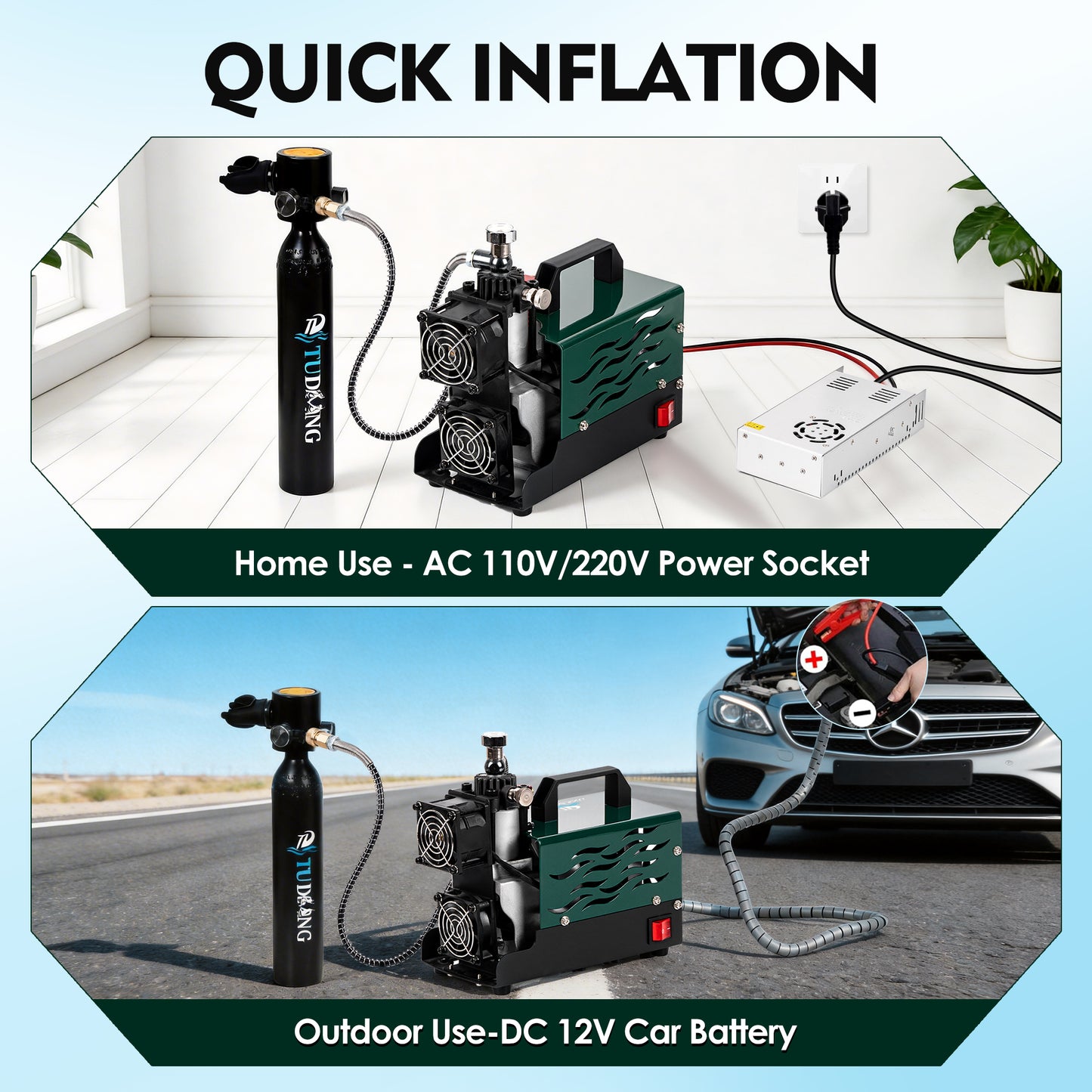 TUDIVING 4500 PSI PCP Air Compressor, Compact Dual-Fan Portable PCP Air Pump, 12V DC/110V AC, Oil-Free Water-Free Compressor