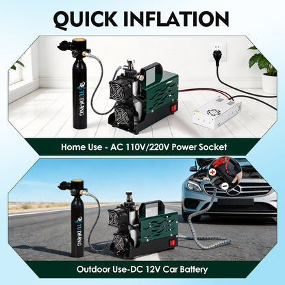 TUDIVING 4500 PSI PCP Air Compressor, Compact Dual-Fan Portable PCP Air Pump, 12V DC/110V AC, Oil-Free Water-Free Compressor