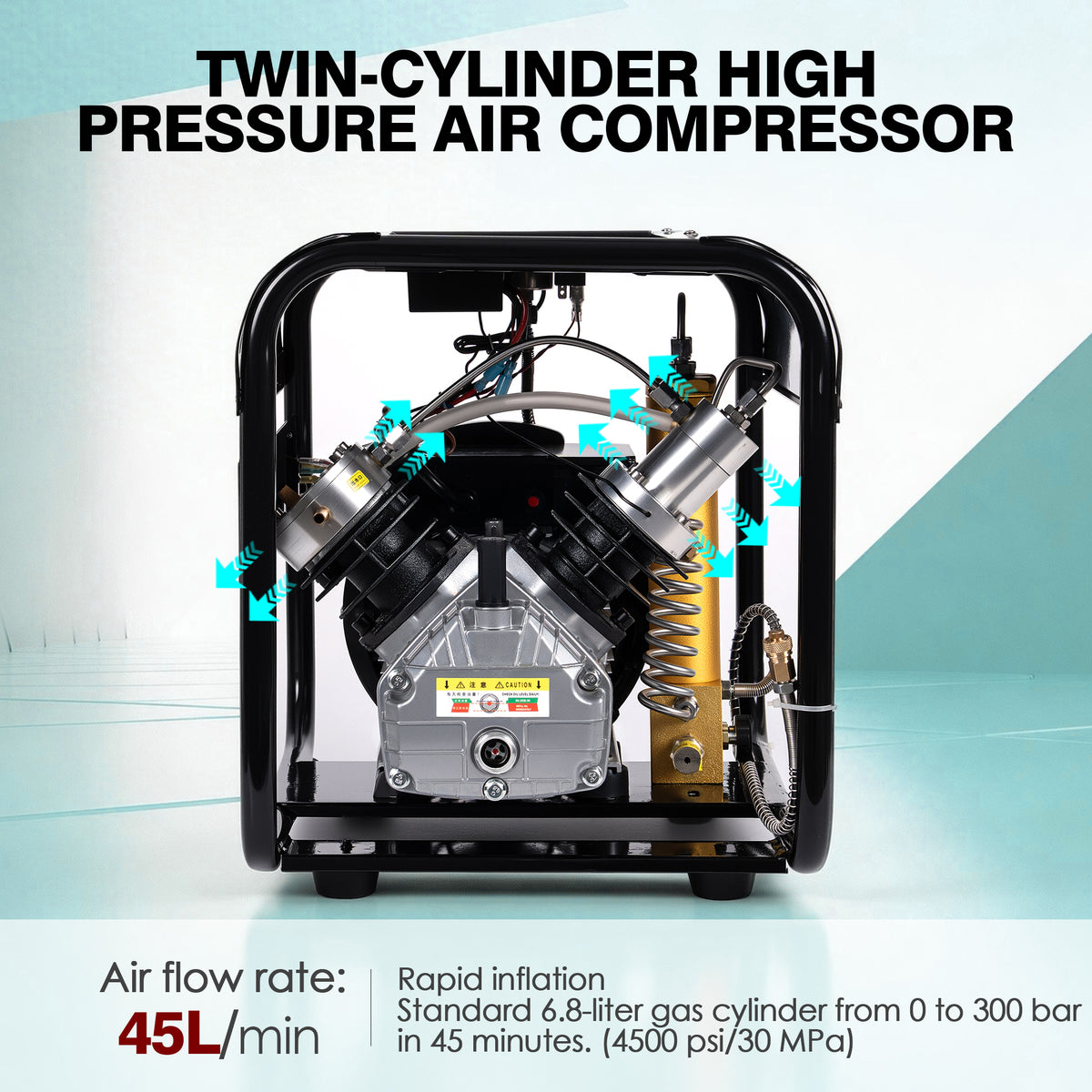 TUDIVING 4500 PSI PCP Air Compressor, Dual-Cylinder Auto Stop, Built-In Water & Fan Cooling