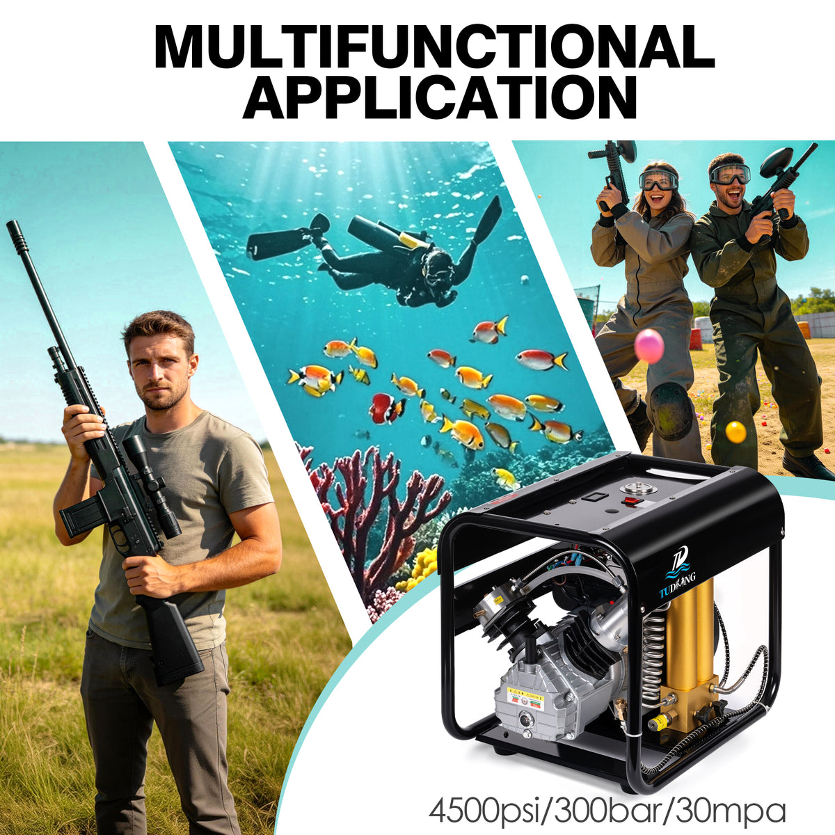 TUDIVING 4500 PSI PCP Air Compressor, Dual-Cylinder Auto Stop, Built-In Water & Fan Cooling