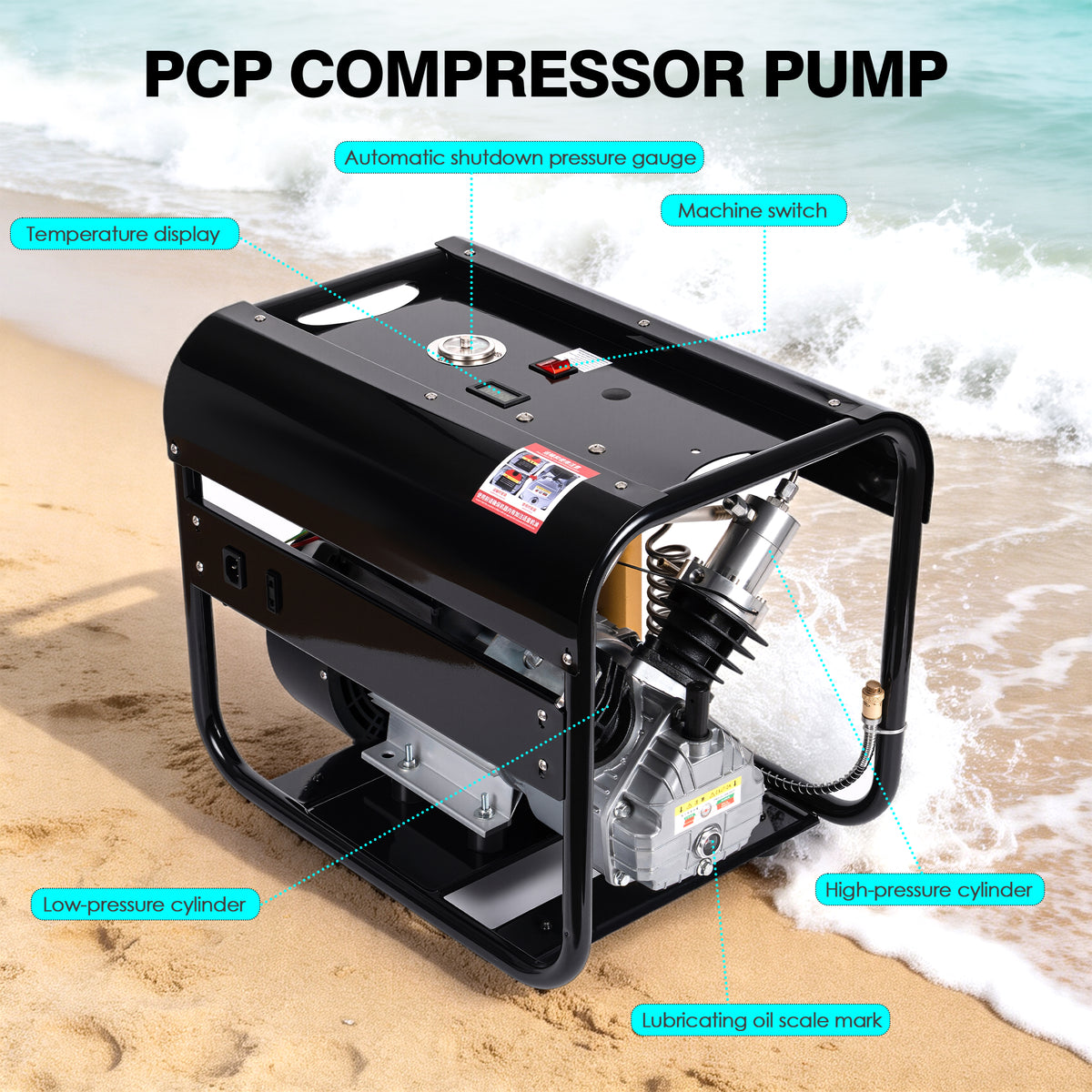 TUDIVING 4500 PSI PCP Air Compressor, Dual-Cylinder Auto Stop, Built-In Water & Fan Cooling