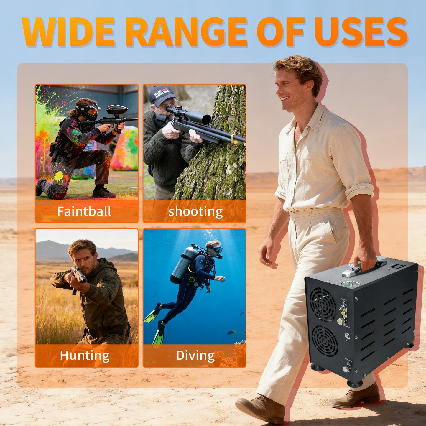 TUDIVING-4500Psi/300Bar Diving High Pressure Compressor,800W Dual-Cylinder PCP Air Compressor,Auto Stop,Scuba Compressorfor Fill a 2L Diving Tank