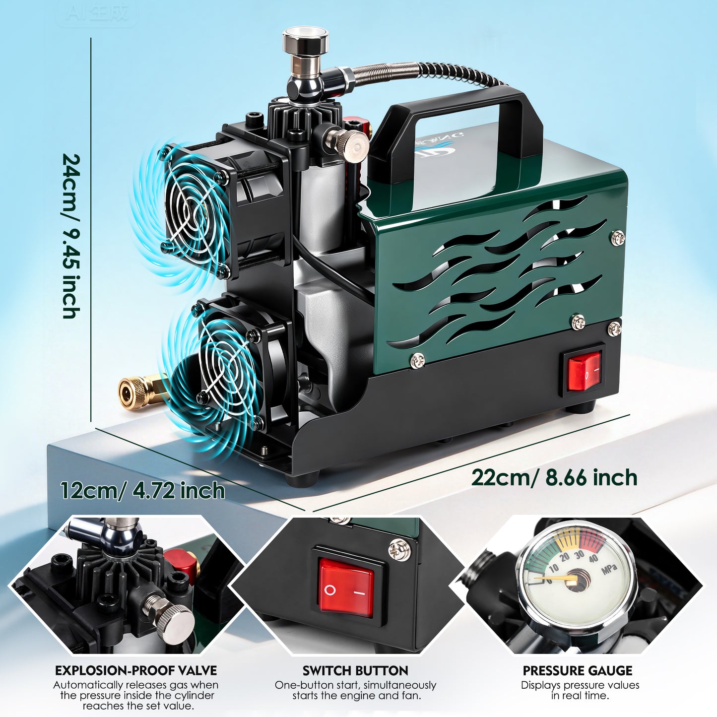 TUDIVING 4500 PSI PCP Air Compressor, Compact Dual-Fan Portable PCP Air Pump, 12V DC/110V AC, Oil-Free Water-Free Compressor