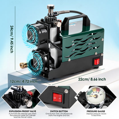 TUDIVING 4500 PSI PCP Air Compressor, Compact Dual-Fan Portable PCP Air Pump, 12V DC/110V AC, Oil-Free Water-Free Compressor