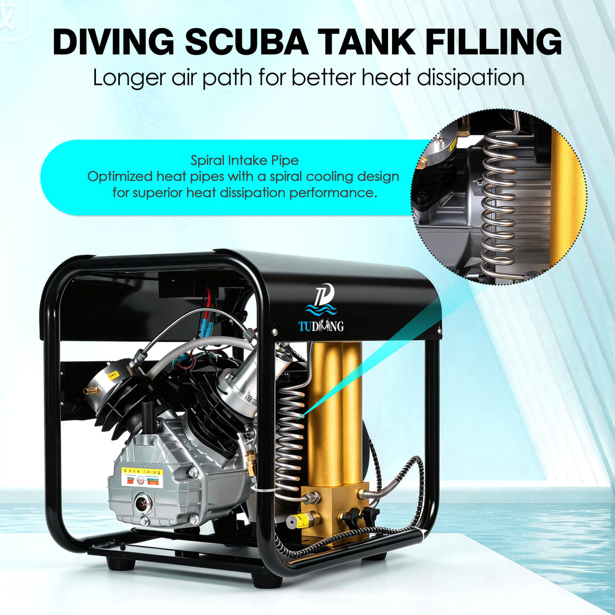 TUDIVING 4500 PSI PCP Air Compressor, Dual-Cylinder Auto Stop, Built-In Water & Fan Cooling