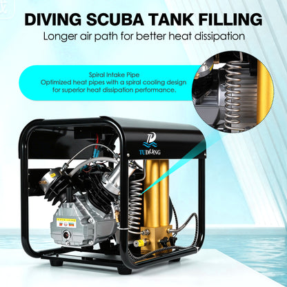 TUDIVING 4500 PSI PCP Air Compressor, Dual-Cylinder Auto Stop, Built-In Water & Fan Cooling