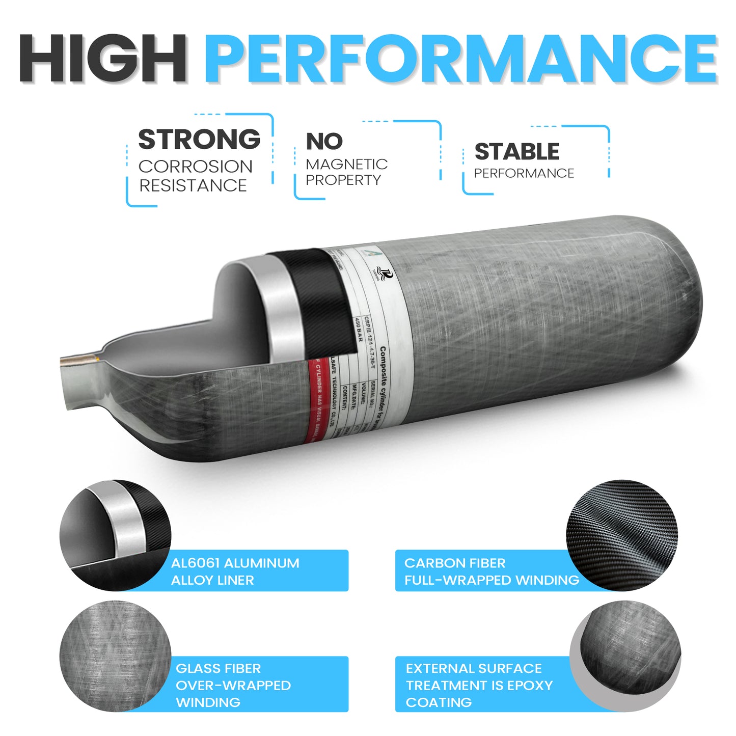 TUDIVING-4.7L 4500Psi Carbon Fiber Cylinder High Pressure Tank,286 Cu in Diving Tank with DIN Valve Scuba Diving Adapter Filling Station,HPA Cylinder Pcp Paintball Air Tank M18*1.5