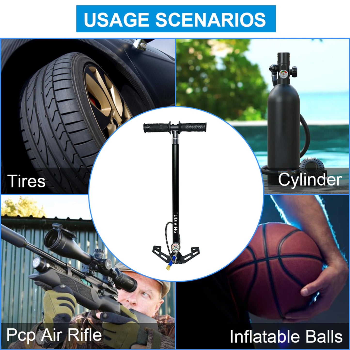 TUDIVING-4500Psi High Pressure Hand Pump,PCP Air Pump,Stainless Steel 4 Stages pcp Hand Pump for Filling Diving Tank,Air Rifles,Paintball & Hunting