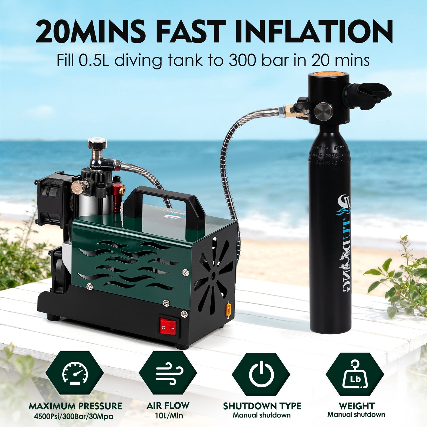 TUDIVING 4500 PSI PCP Air Compressor, Compact Dual-Fan Portable PCP Air Pump, 12V DC/110V AC, Oil-Free Water-Free Compressor