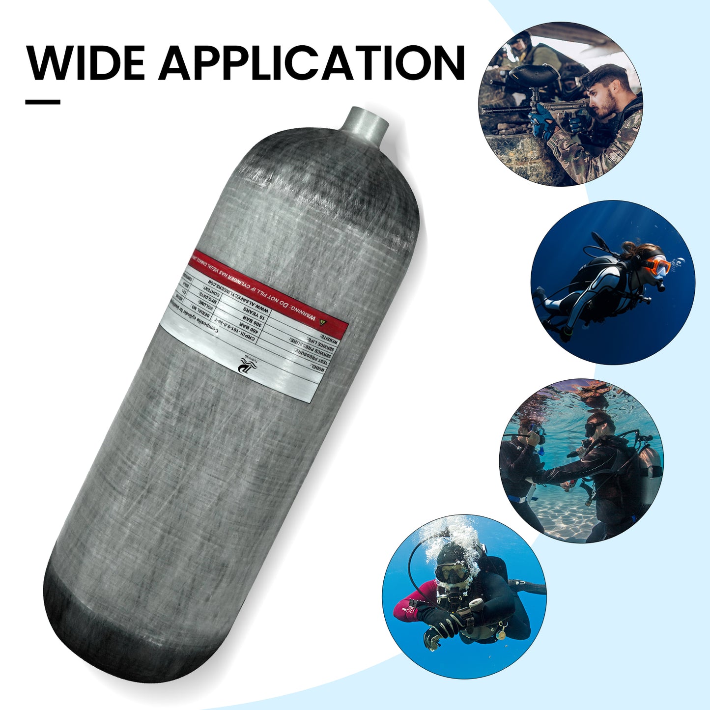 TUDIVING-4500Psi Scuba Diving Tank,9L Carbon Fiber Scuba Tank,549 Cu in Deep Dive Gas Cylinder,9000CC High Pressure Composite Cylinder for Scuba Diving