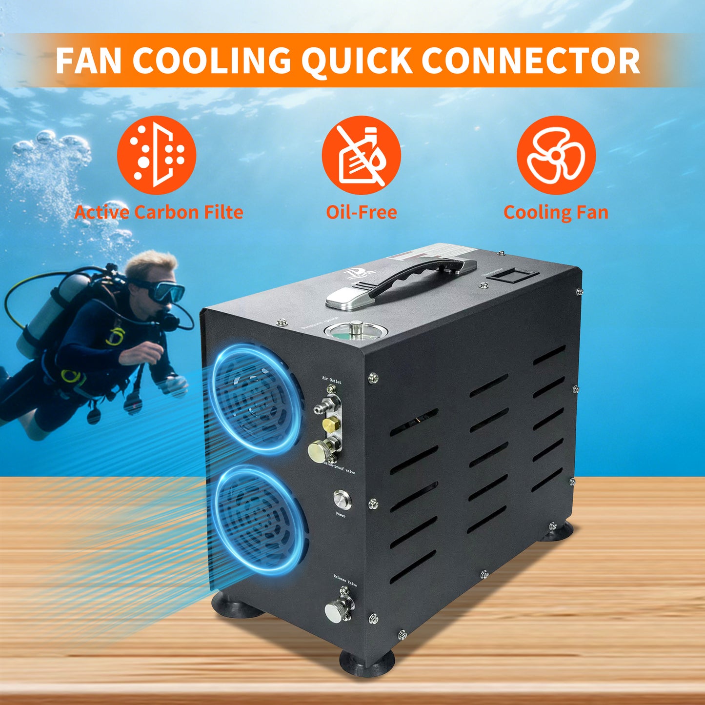 TUDIVING-4500Psi/300Bar Diving High Pressure Compressor,800W Dual-Cylinder PCP Air Compressor,Auto Stop,Scuba Compressorfor Fill a 2L Diving Tank