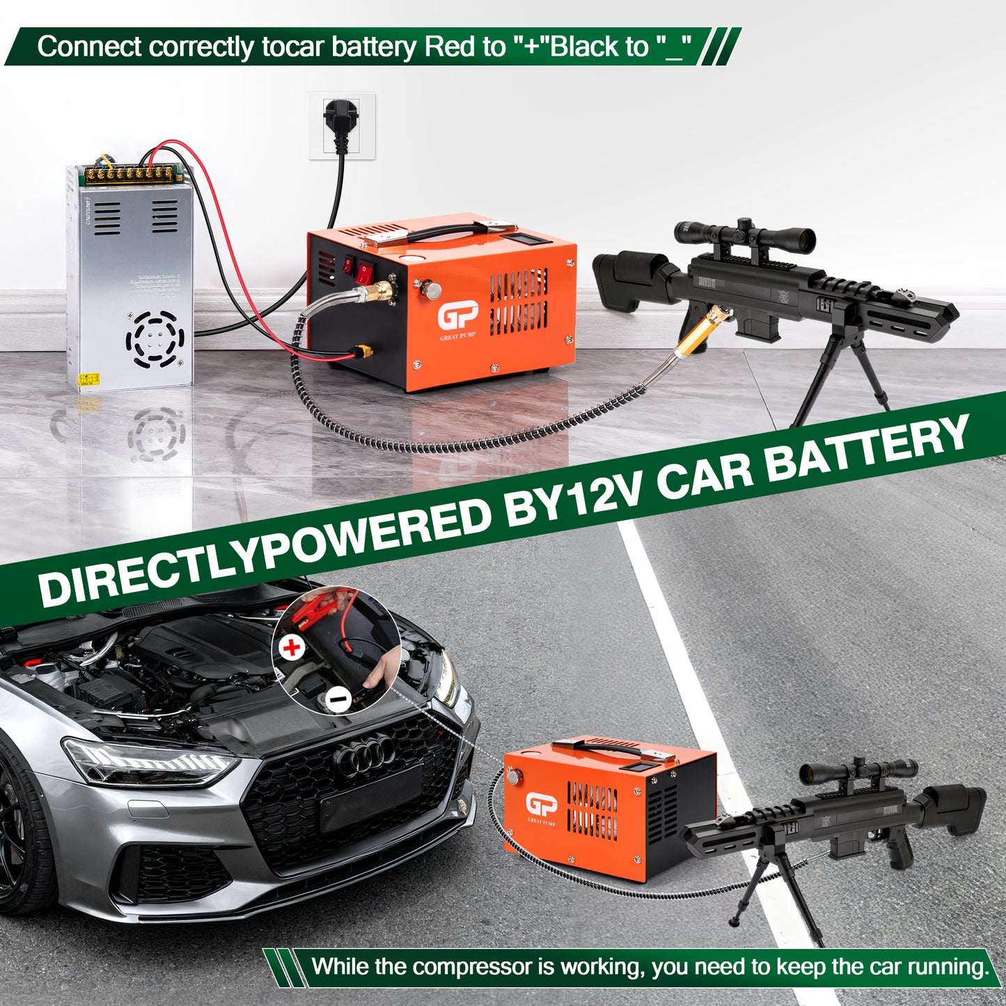 PCP Air Compressor,4500Psi/30Mpa, Water/Oil-Free, One Button Start, Powered by Car 12V DC or Home 110V AC