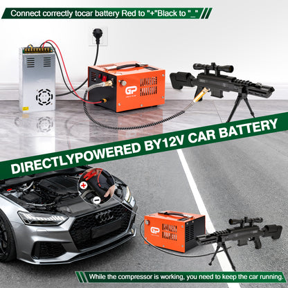 PCP Air Compressor,4500Psi/30Mpa, Water/Oil-Free, One Button Start, Powered by Car 12V DC or Home 110V AC