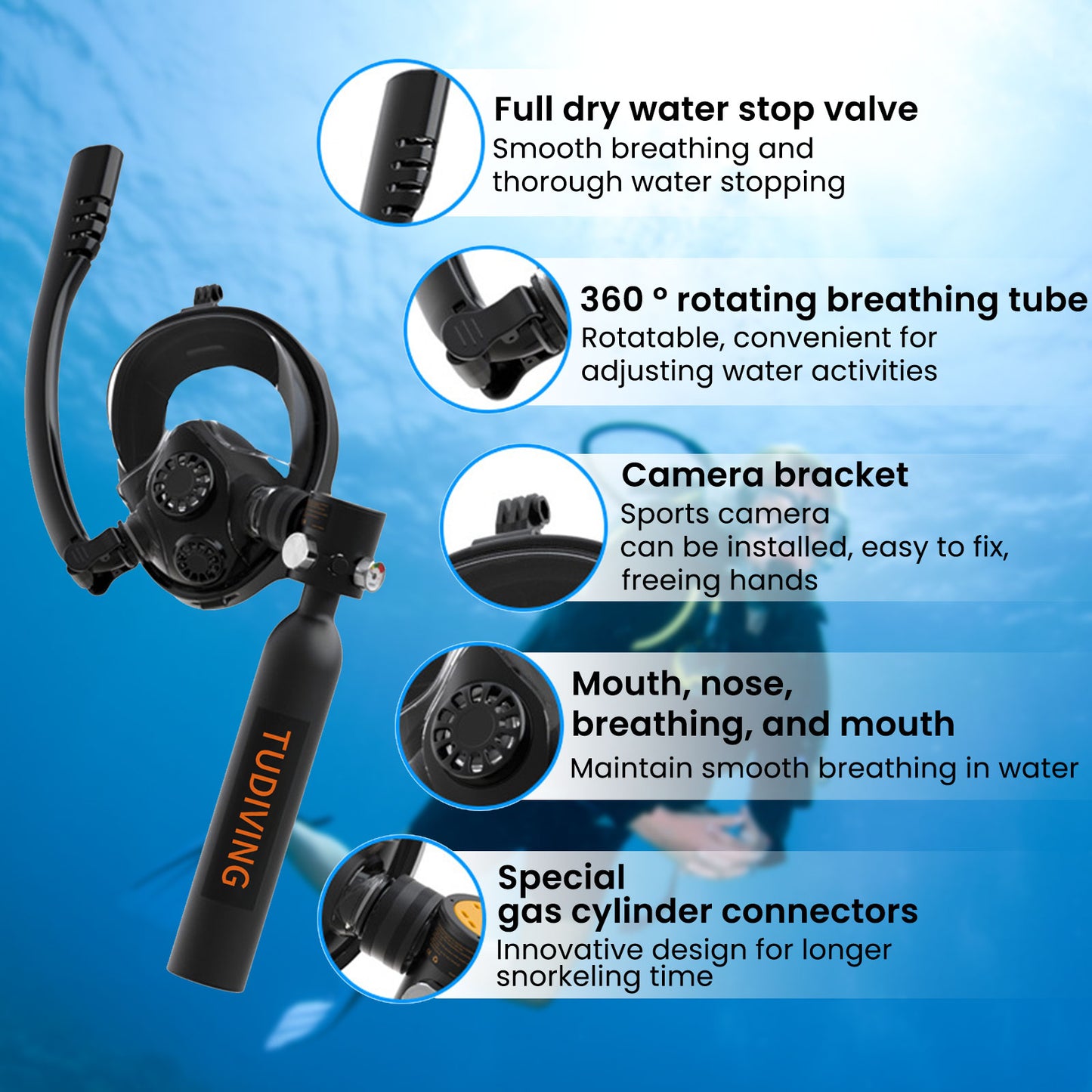 TUDIVING-0.5L Scuba Diving Tank Set,Mini Oxygen Cylinder with Full Face Snorkel Mask,Portable Travel Diving Kit(Black)
