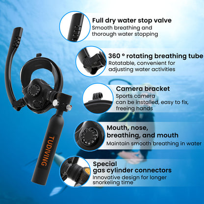 TUDIVING-0.5L Scuba Diving Tank Set,Mini Oxygen Cylinder with Full Face Snorkel Mask,Portable Travel Diving Kit(Black)